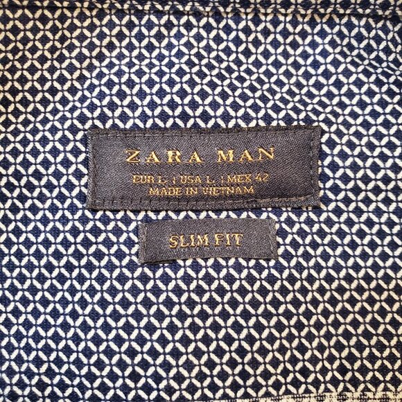 ZARA Shirt Mens Large Slim Fit Long Sleeve Blue Cotton Button Up Geometric Print - Picture 7 of 9